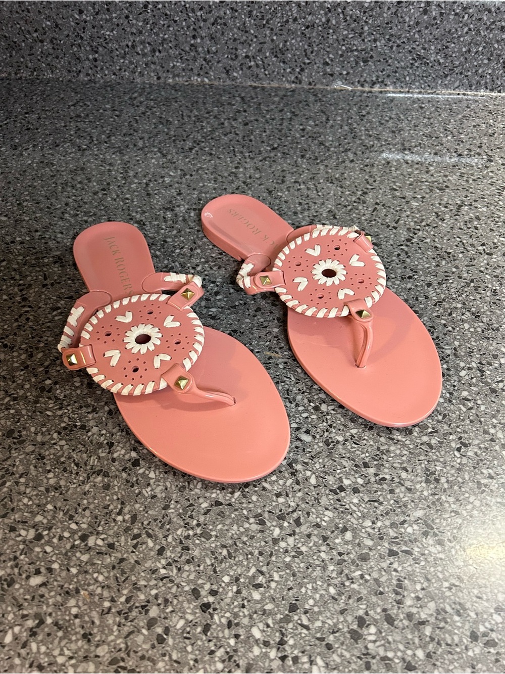 Jack Rogers Coral Pink Leather Thong Sandals with Whipstitch Medallion
